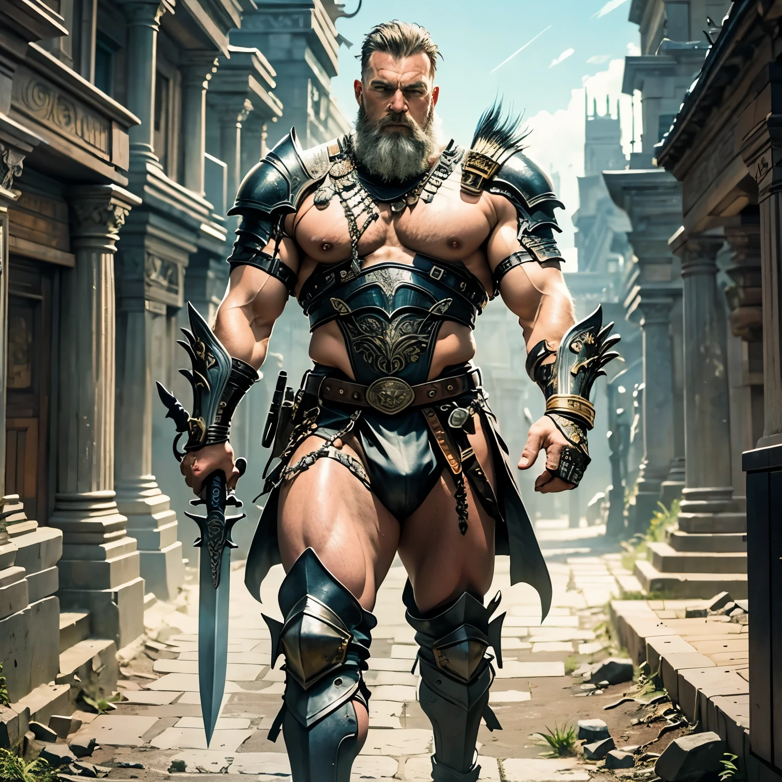 Full body face to feet image,  Physique old warrior guy wearing revealing armor, revealing armor, and holding ancient sword in his hand, angry look, perfect face details, perfect physique body details, ancient temple background, 12k, realistic photography, more details, wearing a latex thong, big bulging crotch, crotch in focus, almost naked, bodybuilder, face looks like Howie Long, full body visible, 