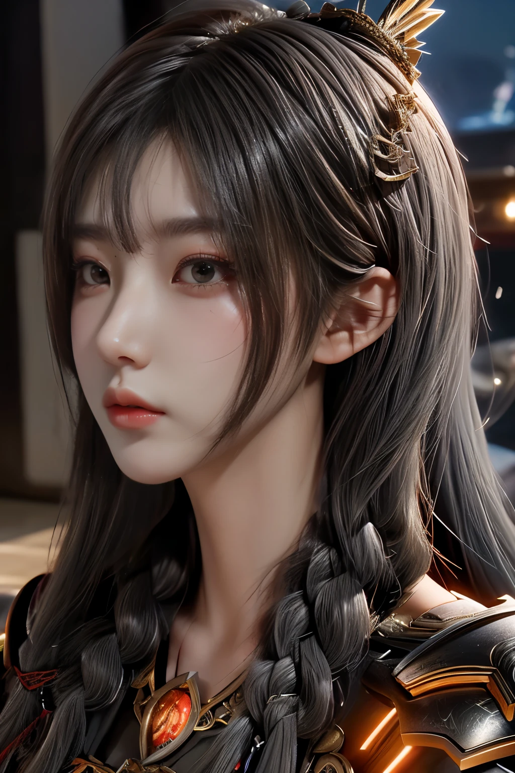 Masterpiece,Game art,The best picture quality,Highest resolution,8K,(Portrait),Unreal Engine 5 rendering works,(Digital Photography),((Portrait Feature:1.5)),
20 year old girl,Short hair details,With long bangs,(The red eye makeup is very meticulous),(With long gray hair:1.4),(Large, full breasts),Elegant and noble,Brave and charming,
(Future armor combined with the characteristics of ancient Chinese armor,Hollow design,Power Armor,The mysterious Eastern runes,A delicate dress pattern,A flash of magic),Warrior of the future,Cyberpunk figures,Background of war,
Movie lights，Ray tracing，Game CG，((3D Unreal Engine))，OC rendering reflection pattern