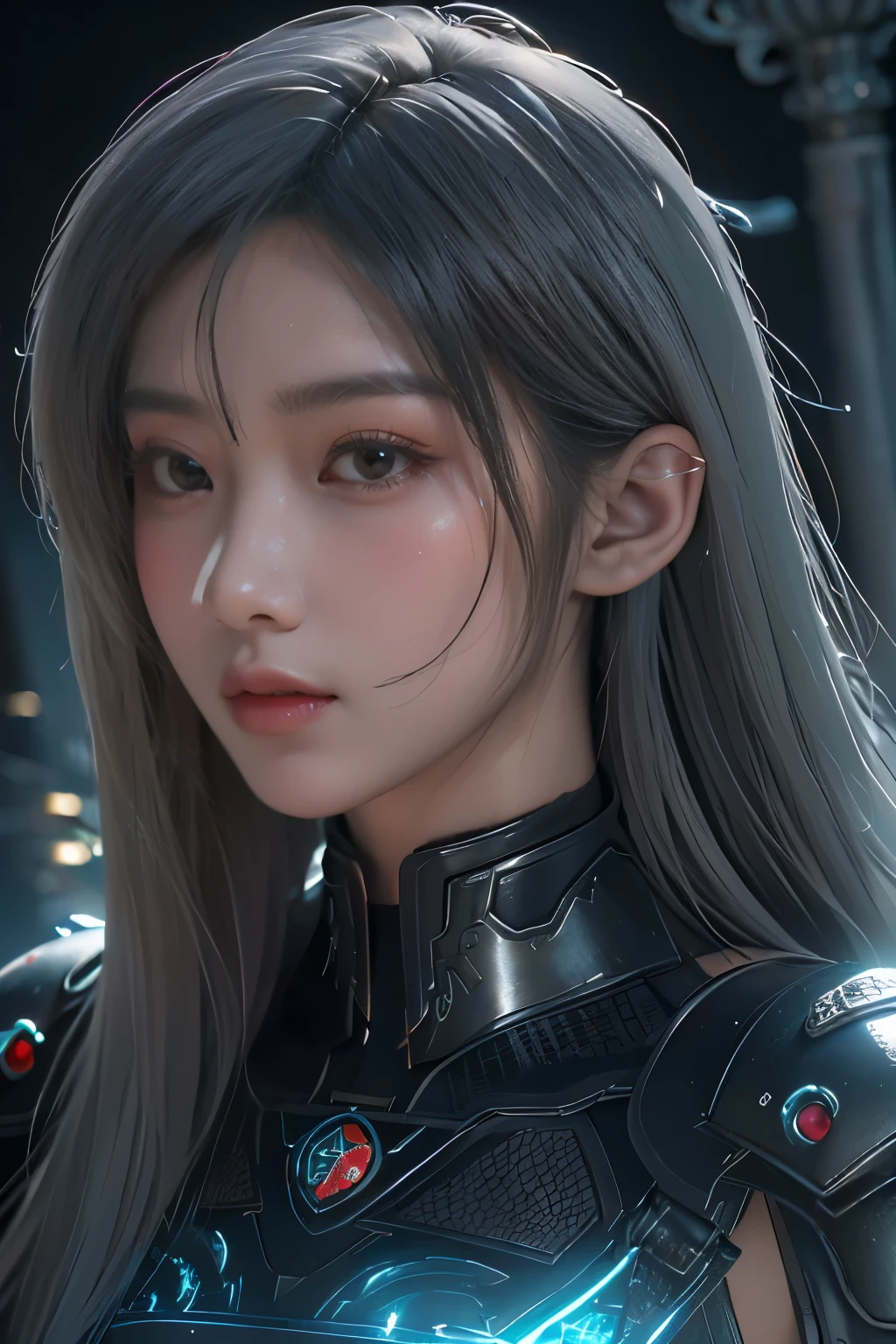 Masterpiece,Game art,The best picture quality,Highest resolution,8K,(Portrait),Unreal Engine 5 rendering works,(Digital Photography),((Portrait Feature:1.5)),
20 year old girl,Short hair details,With long bangs,(The red eye makeup is very meticulous),(With long gray hair:1.4),(Large, full breasts),Elegant and noble,Brave and charming,
(Future armor combined with the characteristics of ancient Chinese armor,Hollow design,Power Armor,The mysterious Eastern runes,A delicate dress pattern,A flash of magic),Warrior of the future,Cyberpunk figures,Background of war,
Movie lights，Ray tracing，Game CG，((3D Unreal Engine))，OC rendering reflection pattern