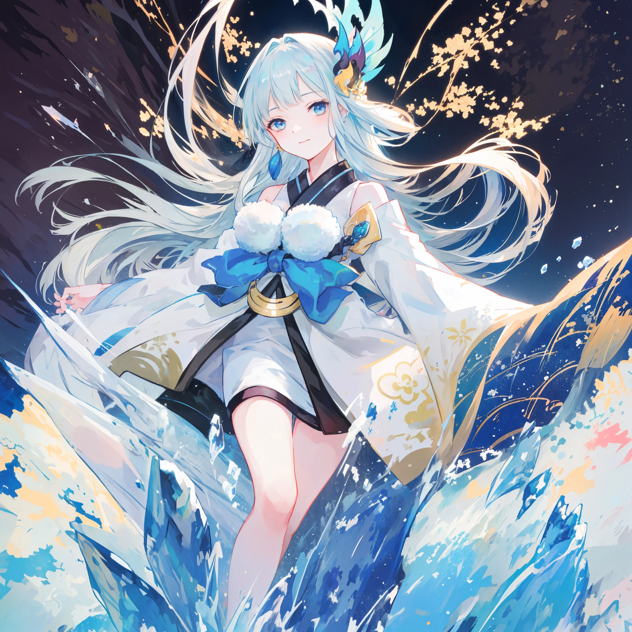 ((4k,masterpiece,best quality)), shuimobysim, traditional chinese ink painting, lotus, hanfu, maxiskit, dress conservatively 1girl, solo, , smile, standing, feet in the water, barefoot,  1girl, japanese kimono, bare shoulder, light blue hair, extremely long hair, blue eyes, hair ornament, blue ribbon, blue earring