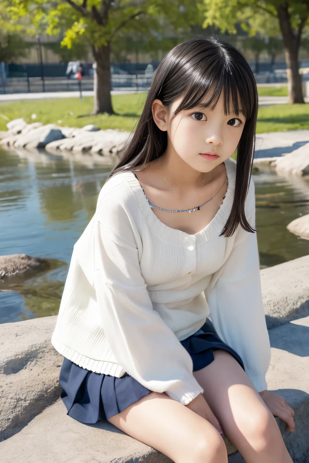 Arafed asian girl sitting on a rock near a pond - SeaArt AI