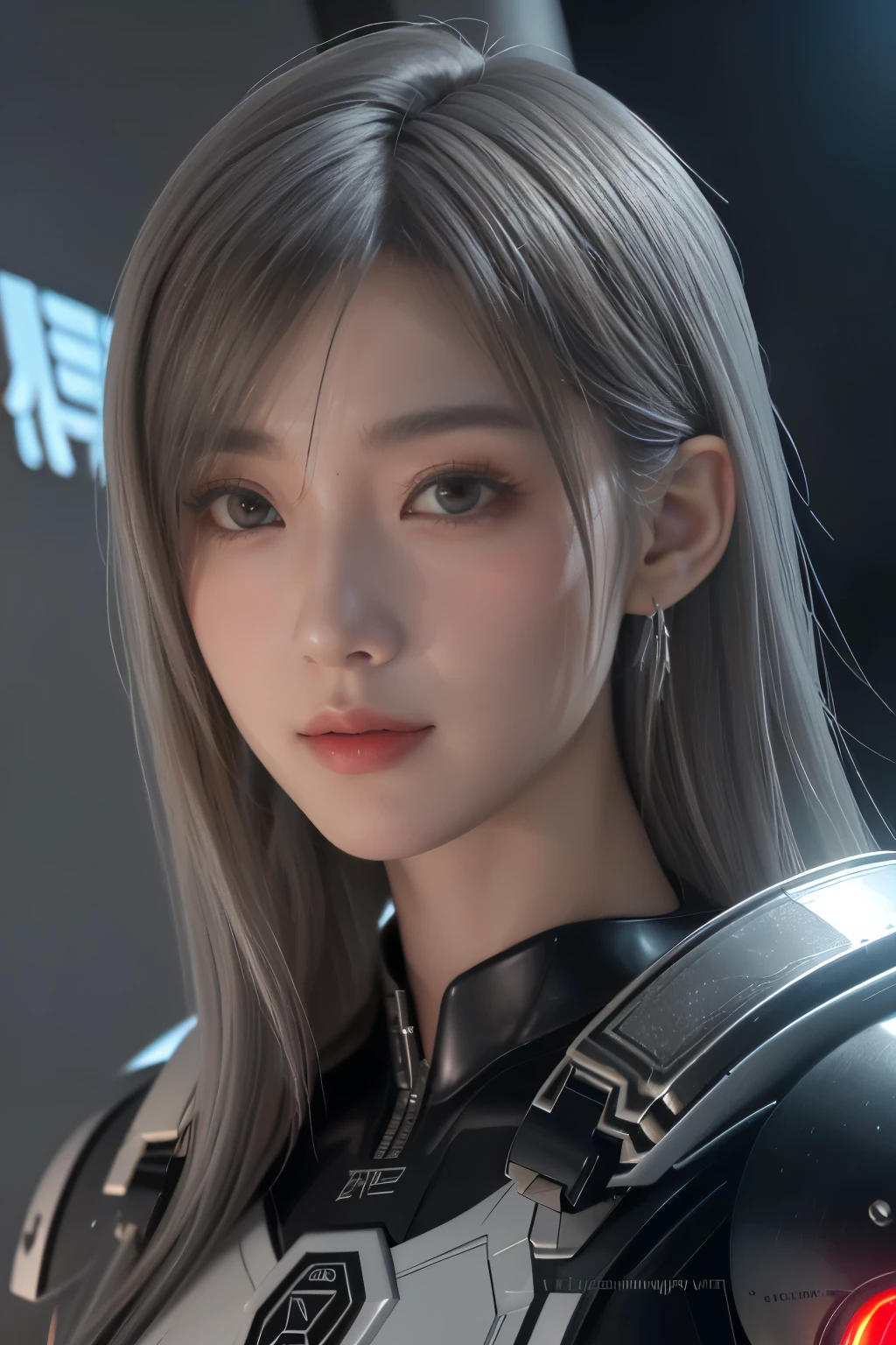 Masterpiece,Game art,The best picture quality,Highest resolution,8K,(Portrait),Unreal Engine 5 rendering works,(Digital Photography),((Portrait Feature:1.5)),
20 year old girl,Short hair details,With long bangs,(The red eye makeup is very meticulous),(With long gray hair:1.4),(Large, full breasts),Elegant and noble,Brave and charming,
(Future armor combined with the characteristics of ancient Chinese armor,Hollow design,Power Armor,The mysterious Eastern runes,A delicate dress pattern,A flash of magic),Warrior of the future,Cyberpunk figures,Background of war,
Movie lights，Ray tracing，Game CG，((3D Unreal Engine))，OC rendering reflection pattern