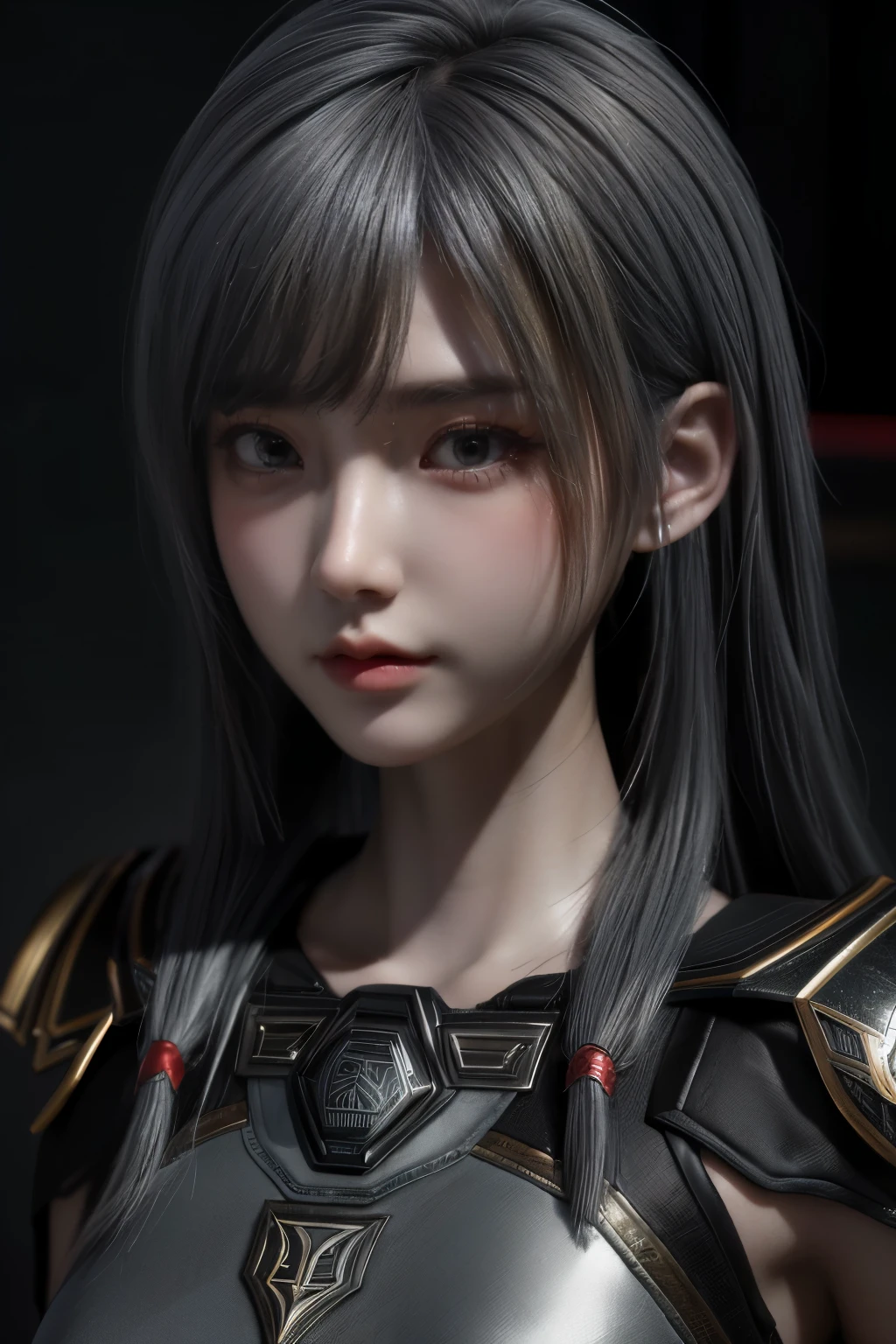 Masterpiece,Game art,The best picture quality,Highest resolution,8K,(Portrait),Unreal Engine 5 rendering works,(Digital Photography),((Portrait Feature:1.5)),
20 year old girl,Short hair details,With long bangs,(The red eye makeup is very meticulous),(With long gray hair:1.4),(Large, full breasts),Elegant and noble,Brave and charming,
(Future armor combined with the characteristics of ancient Chinese armor,Hollow design,Power Armor,The mysterious Eastern runes,A delicate dress pattern,A flash of magic),Warrior of the future,Cyberpunk figures,Background of war,
Movie lights，Ray tracing，Game CG，((3D Unreal Engine))，OC rendering reflection pattern