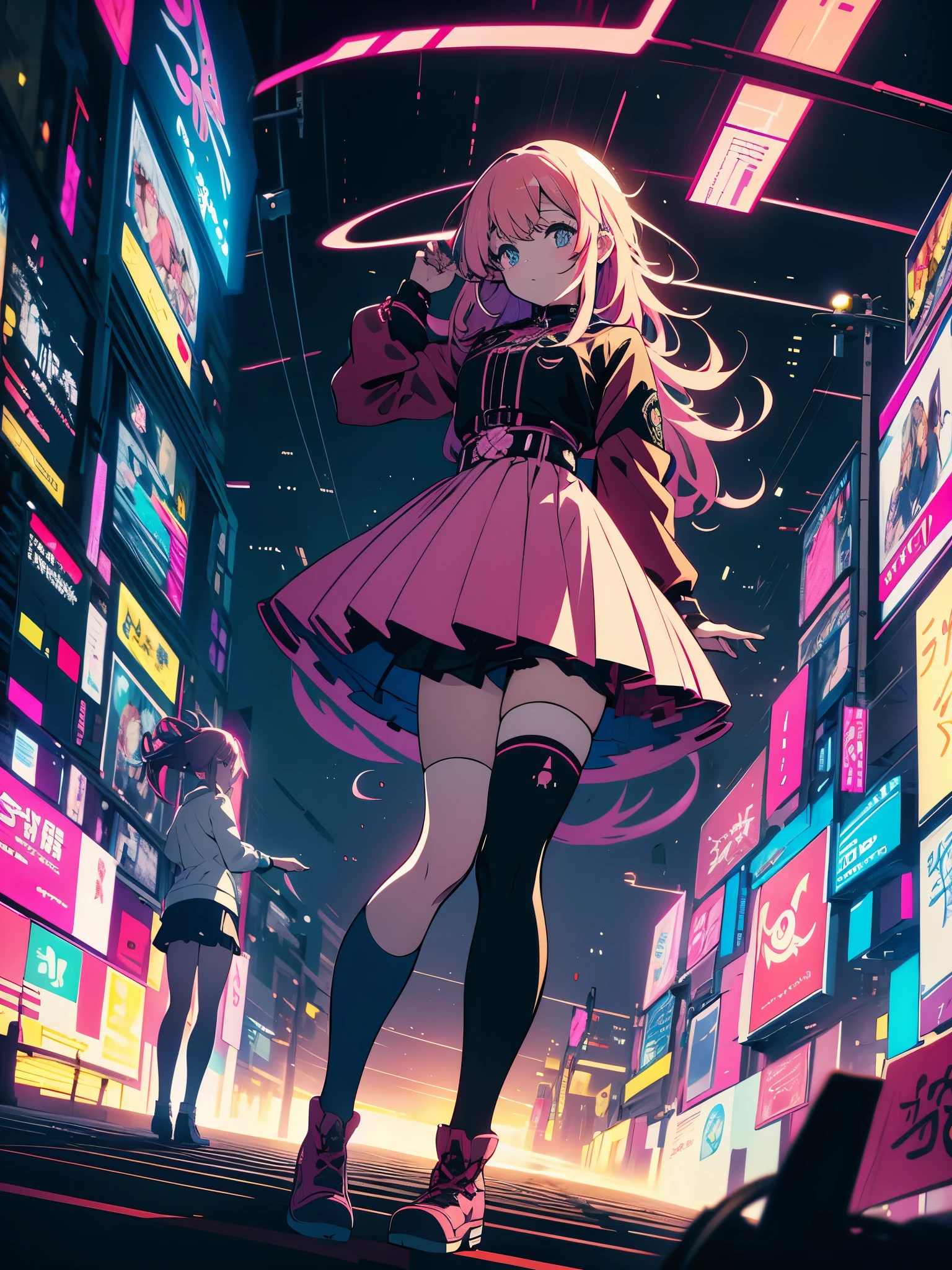 （High resolution, highest quality, masterpiece）, very high quality, （detailed）、（Shining eyes）, anime, An illustration, fantasy, hard rock girl, so beautiful、cute, pink wavy hair, side blade, mini skirt, knee high socks, Engineer boot, background cyberpunk city galaxy  、（美しいanime）