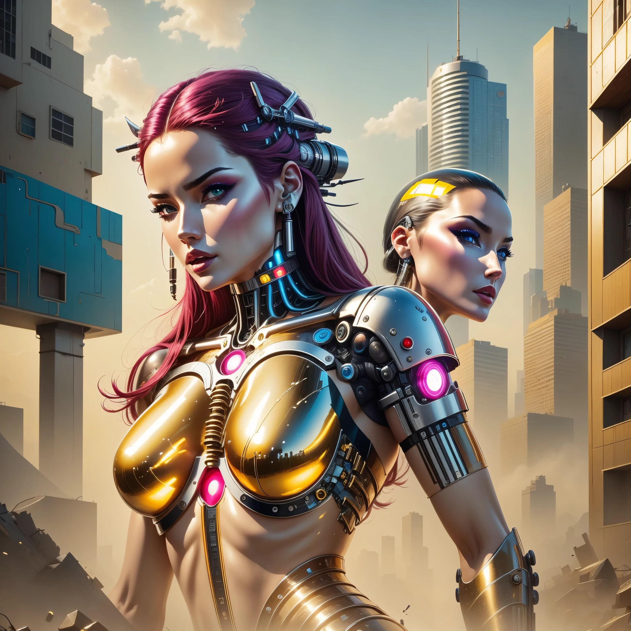 original photography, Super detailed, woman, cybernetic neck, (cyborg: 1.5), A ruined city block in the background, Vibrant details, Luxury Cyberpunk, hyper-actual, anatomical, elegant, 8K, best quality, masterpiece, Very detailed, (actual, photo-actual: 1.37), portrait.