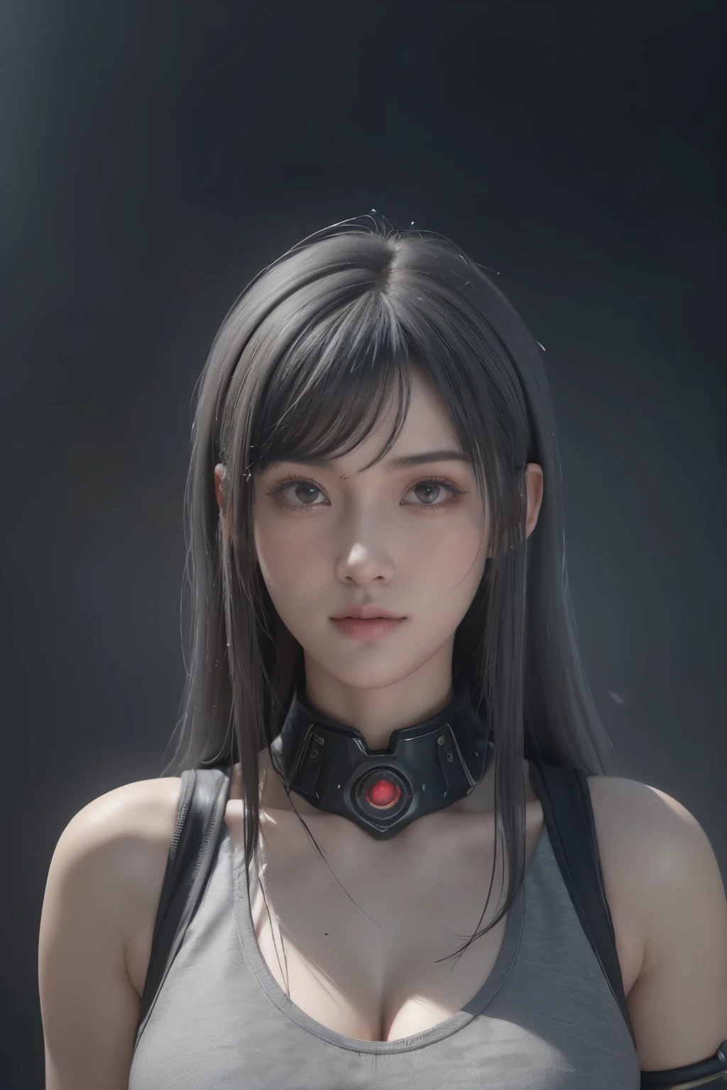 Masterpiece,Game art,The best picture quality,Highest resolution,8K,(Portrait),Unreal Engine 5 rendering works,(Digital Photography),((Portrait Feature:1.5)),
20 year old girl,Short hair details,With long bangs,(The red eye makeup is very meticulous),(With long gray hair:1.4),(Large, full breasts),Elegant and noble,Brave and charming,
(Future armor combined with the characteristics of ancient Chinese armor,Hollow design,Power Armor,The mysterious Eastern runes,A delicate dress pattern,A flash of magic),Warrior of the future,Cyberpunk figures,Background of war,
Movie lights，Ray tracing，Game CG，((3D Unreal Engine))，OC rendering reflection pattern