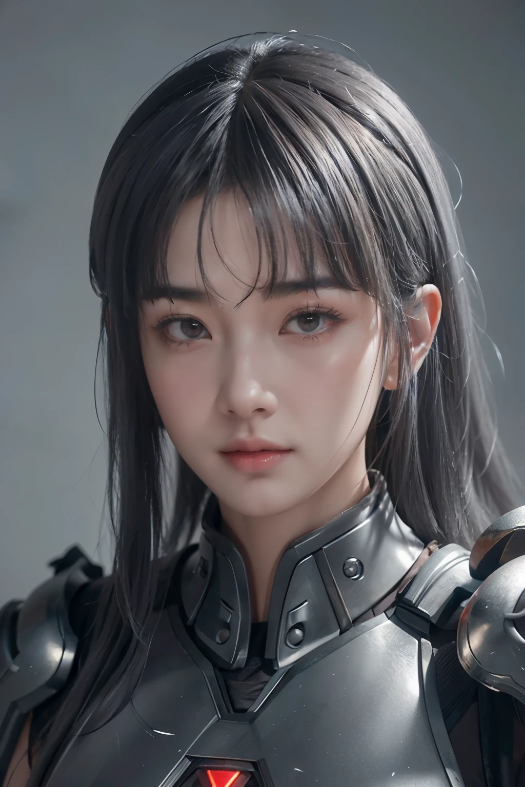 Masterpiece,Game art,The best picture quality,Highest resolution,8K,(Portrait),Unreal Engine 5 rendering works,(Digital Photography),((Portrait Feature:1.5)),
20 year old girl,Short hair details,With long bangs,(The red eye makeup is very meticulous),(With long gray hair:1.4),(Large, full breasts),Elegant and noble,Brave and charming,
(Future armor combined with the characteristics of ancient Chinese armor,Hollow design,Power Armor,The mysterious Eastern runes,A delicate dress pattern,A flash of magic),Warrior of the future,Cyberpunk figures,Background of war,
Movie lights，Ray tracing，Game CG，((3D Unreal Engine))，OC rendering reflection pattern