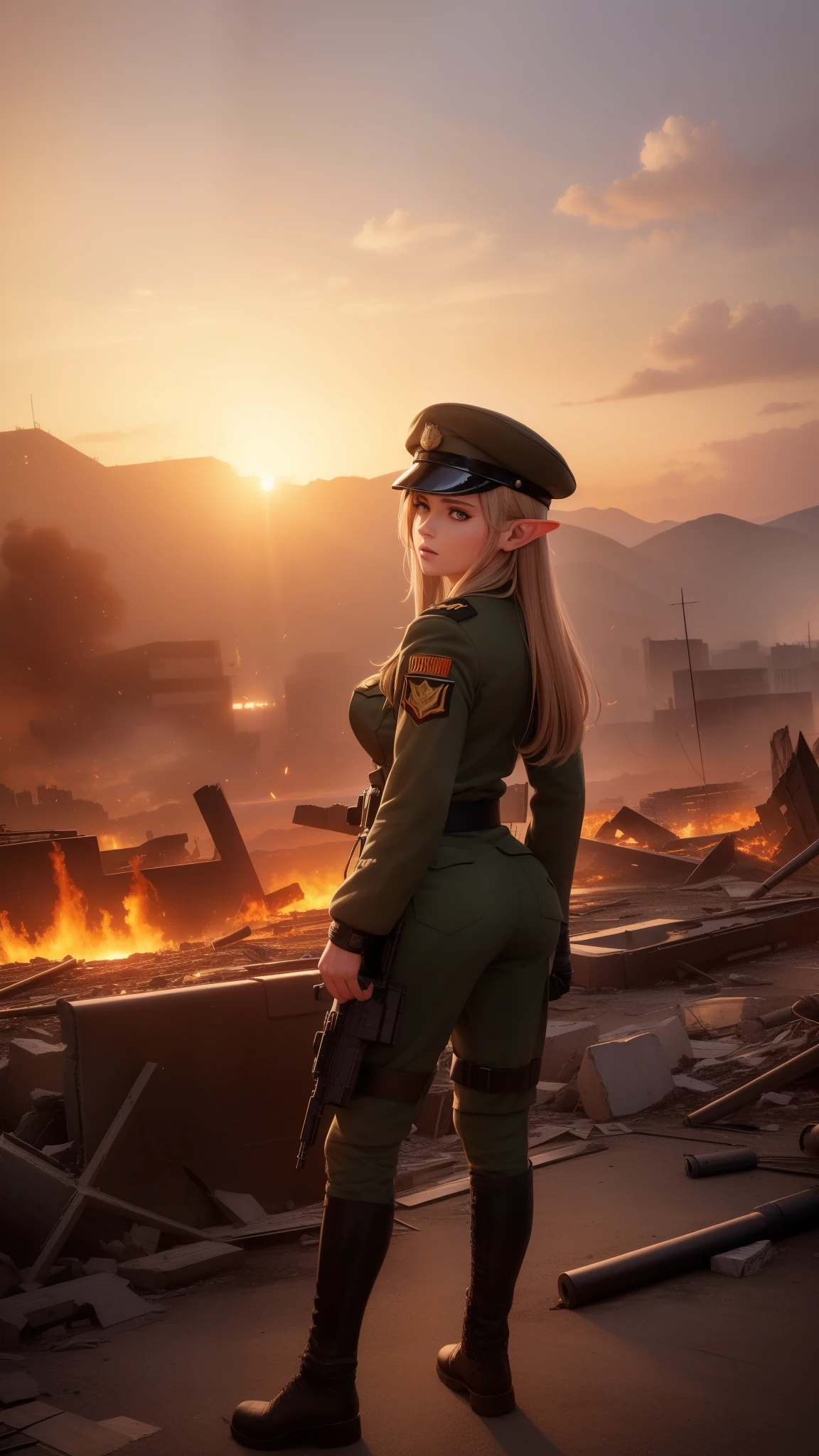 (best quality,4k,8k,highres,masterpiece:1.2),ultra-detailed,(realistic,photorealistic,photo-realistic:1.37),Elf girl in modern military uniform suit, military jacket, military pants, military boots, beautiful detailed eyes, beautiful detailed lips, extremely detailed eyes and face, long eyelashes, confident expression, military cap, standing in a war-torn city, destroyed buildings, rubble, smoke, flames, dramatic lighting, sunset colors, atmospheric perspective, gritty feel, concept artists.