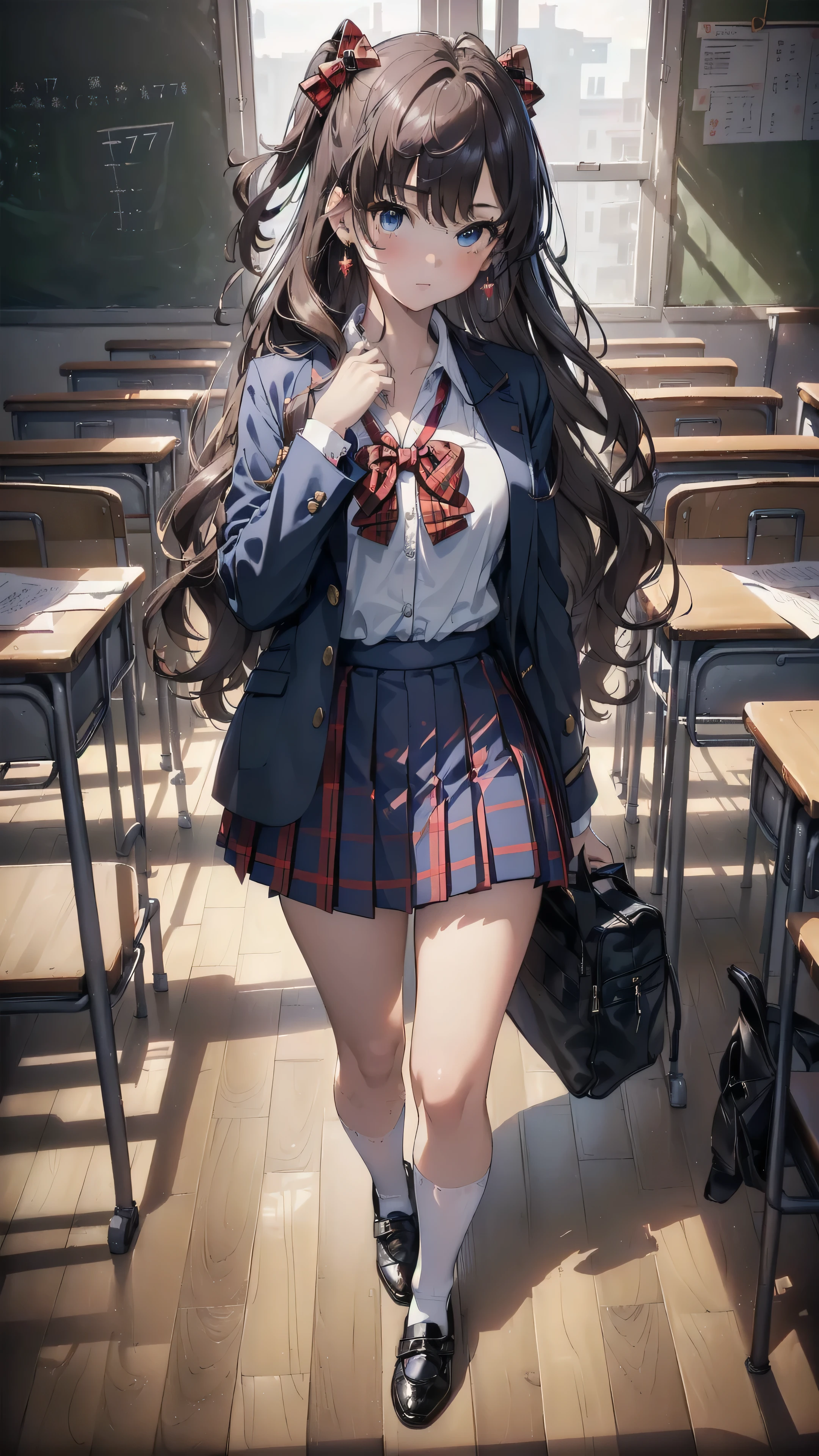 ((masterpiece)), ((Ray Traicing)), ((best quality)), ((highres)), ((realistic)), ((wallpaper)), ((Super Detailed)), ((High Quality)), ((vibrant colors)), ((soft lighting)), ((face detailed)), ((image detalied)), ((detailed classroom setting)). Ichinose shiki, idolmaster, long hair, two side up, hair bow, ahoge, medium breasts, earrings, school uniform, school scenery background, classroom (Please draw a single one girl walking in a classroom school :1.3) ((1girl)), (Solo, face,17-year-old:2.0), a high school student. Full limbs, complete fingers, ((perfect fingeredium butt, groin, perfect eyes, american blazer uniform girl ((white blouse with formal collar)), ((navy blue blazer)), ((full blue skirt with full red plaids)), ((red plaid bow on the blouse)) (Detailed Lighting), (Detailed background), (in the school zone), ((full body view)), ((standing)), ((legs)), uwabaki shoes. beautiful single girl (one girl), full body shot. Background is the school, front body ((walking, standing)). pretty eyelashes, make up, electric eyes, ((white socks, black school shoes))