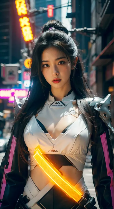 Generate hyper realistic image of a lone girl immersed in a cyberpunk world with long, flowing black hair. Most beautiful, beaut...