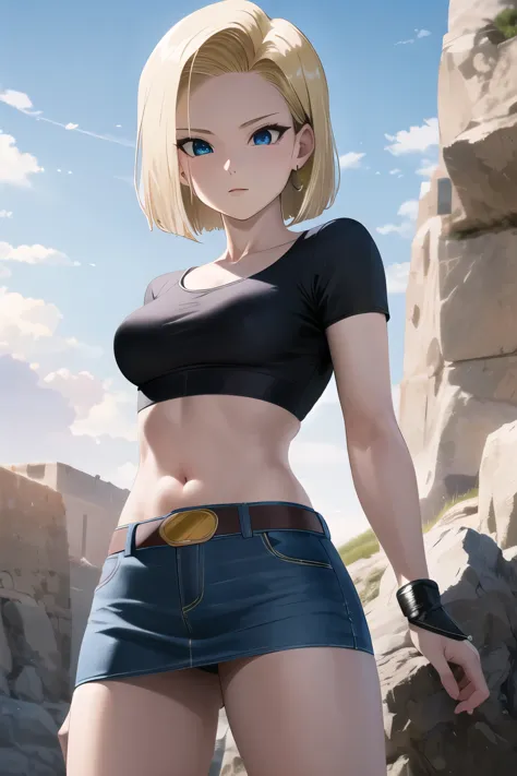 Anime Dragon Ball Android 18、highest quality、masterpiece、real、high resolution、jeans mini tight skirt、sharp eyes、Light Blue Eyes、...