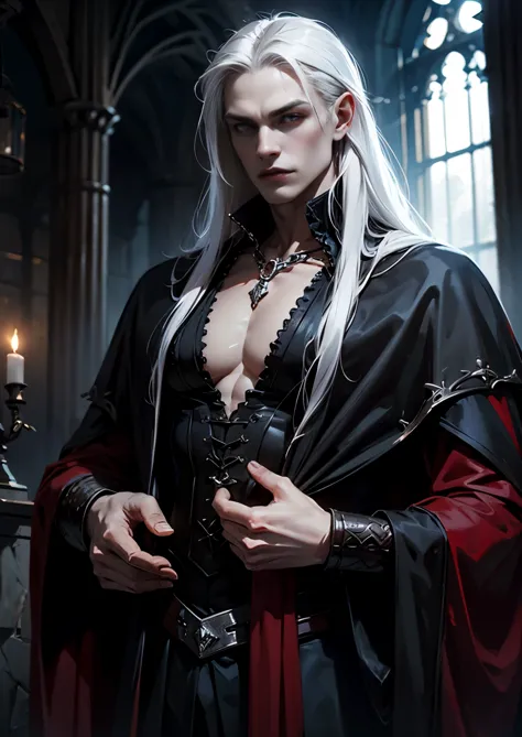 Dark fantasy, Medieval, Gothic, red, Vampire, Young guy, with long white hair, strong build, open chest, hd