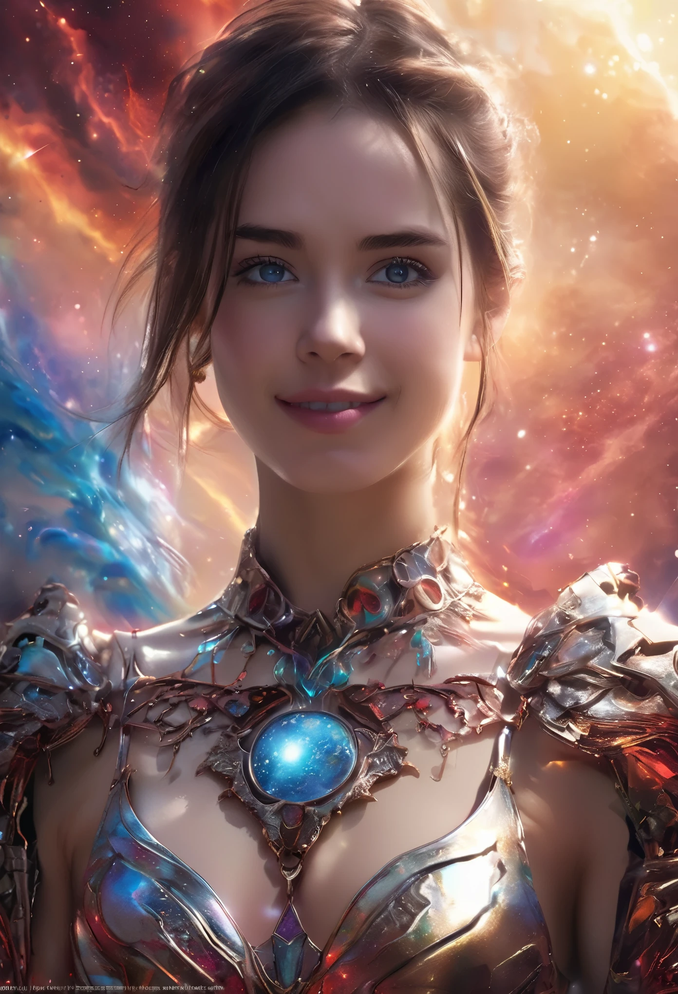 (1 beautiful teenage Italian-Japanese girl),(wears iridescent bodysuit with beautiful fractal or marble design:1.5),(She wears gauntlets with a detailed and very beautiful design decorated with jewels:1.6), ((Shie is showing her armpits:1.6)), incredibly spectacular scene, ((high quality)), ((fantasy)), blue plasma brain, green plasma body, obscene, average, (despicable:1.2), (immoral:1.2), (Small breasts with beautifully raised pink areolas:1.5), (expression of ecstasy:1.2), hyper realistic photo, official art, Unity 8K Wallpaper, 8K portrait, high quality, very high resolution, (incredibly beautiful nature background:1.6), (18-year-old:1.5), (sexy and glamorous:1.1), (coquettish expression:1.6), (smile seductively:1.6),  (erotic pose:1.9), (model pose:1.8), beautiful seductive face, portrait, (thick eyebrows:1.4), (big scarlet eyes:1.6), Beautiful eyes with high bilateral symmetry, (highly detailed eyes:1.4),(highly detailed face and eyes:1.7), (High resolution red eyes:1.8),  (Super detailed skin texture:1.4), super detailed pale skin, perfect anatomy, thin, (Beautiful muscular toned body:1.6), highly detailed jet black hair,  (moist skin:1.2), no makeup, (Bear:1.1), excellent anatomy, Focus plane, good looking, (emilia clarke:0.1) (emma watson:0.3),(jennifer connelly:0.24),  (A delicately crafted necklace is wrapped around her neck), (Bioluminescence with a brilliant glow:1.4), (Shining magic circle:1.5), ruins of an ancient castle, Shining majestic clouds and sky, lightning, spectacular realistic, (greg latkowski:0.8), (teal and orange:0.4), (art station:1.5), cinematic, (NSFW:1.6), dramatic light, (intricate details:1.1),Milky Way, (nebula:1.6), dark Knight, Focus on fully armored body