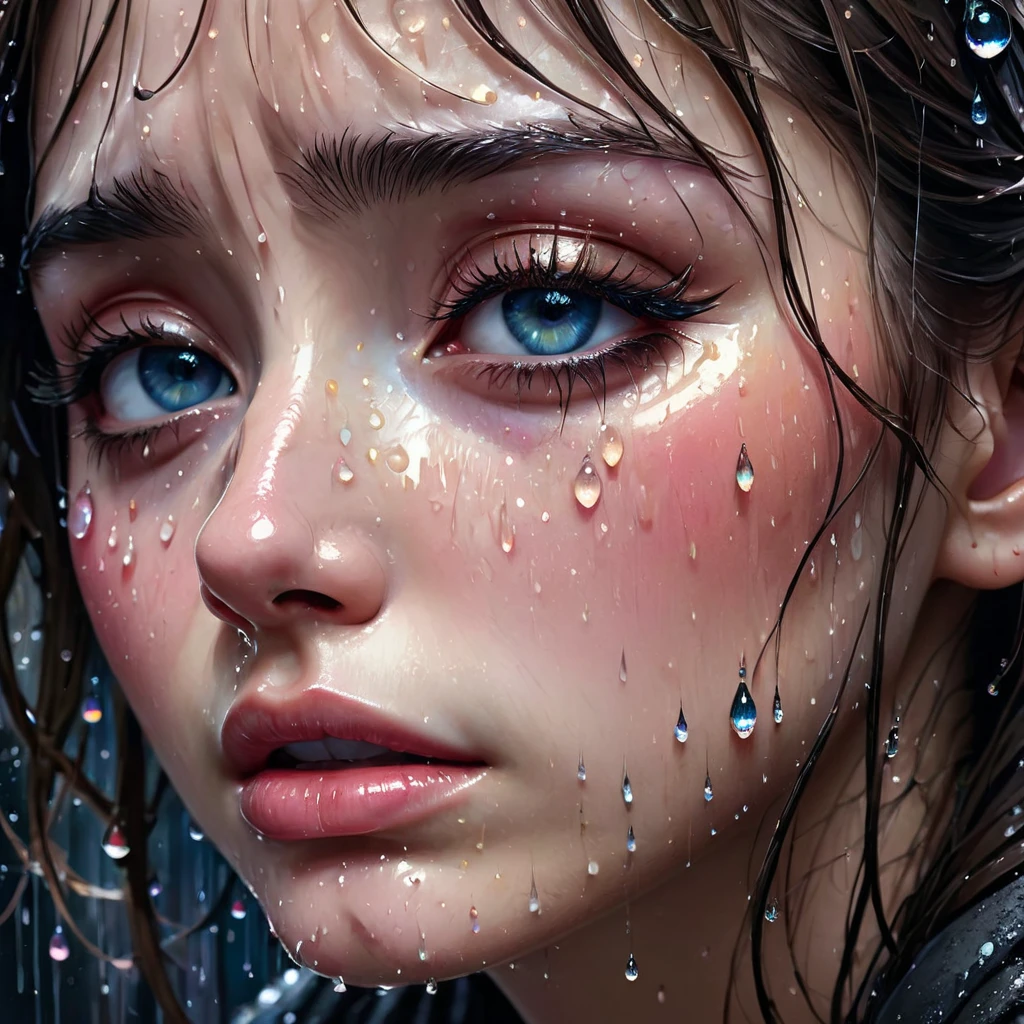 crying,aesthetic,extremely detailed,teary eyes,rosy cheeks,soaked lashes,emotional expression,intense sadness,dripping tears,true-to-life textures,highly refined details,dramatic lighting,seamless blending of colors,vibrant hues,artistic composition,layered brushstrokes,emotive brushwork,realistic water droplets,breathtaking realism,masterful craftsmanship,haunting beauty,evocative atmosphere,highly emotional scene,silent sorrow,stark contrast,moody ambiance,endless depth,luminous glow,shimmering highlights,subtle shadows,intimate close-up,precise contours,striking emotion,fluid brush movements,touching portrayal,painstaking attention to detail,aesthetically pleasing,heart-wrenching,deeply moving artistry