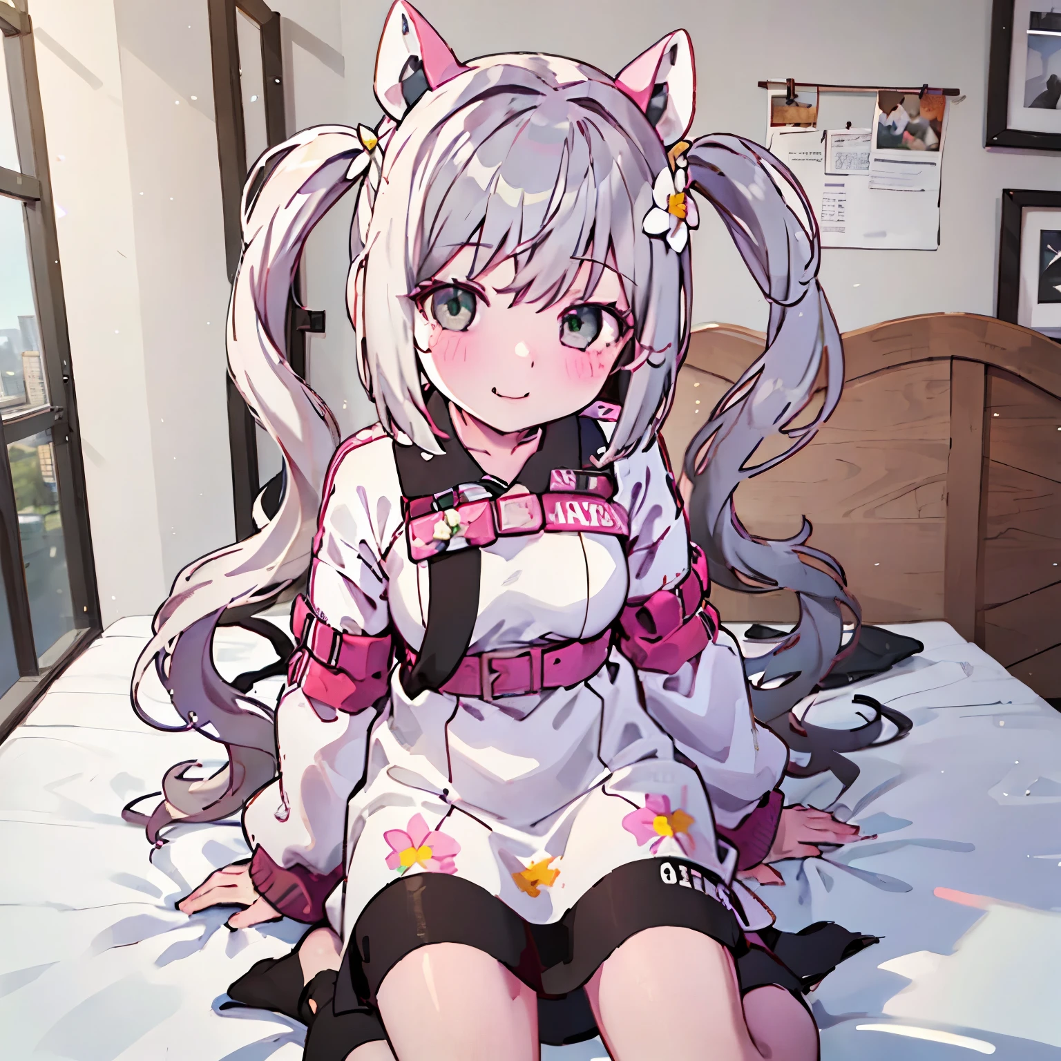 highres,best quality, 1girl, animal ears, grey hair, blush, bow, Green eyes, cat ears, cat tail, closed mouth, dress, fang, flower, hair bow, hand up, long hair, looking at viewer, neck ribbon, puffy short sleeves, puffy sleeves, short sleeves, sitting, sleeves past wrists, smile, solo, tail, tail raised, white dress, white flower,Black One Piece Clothes