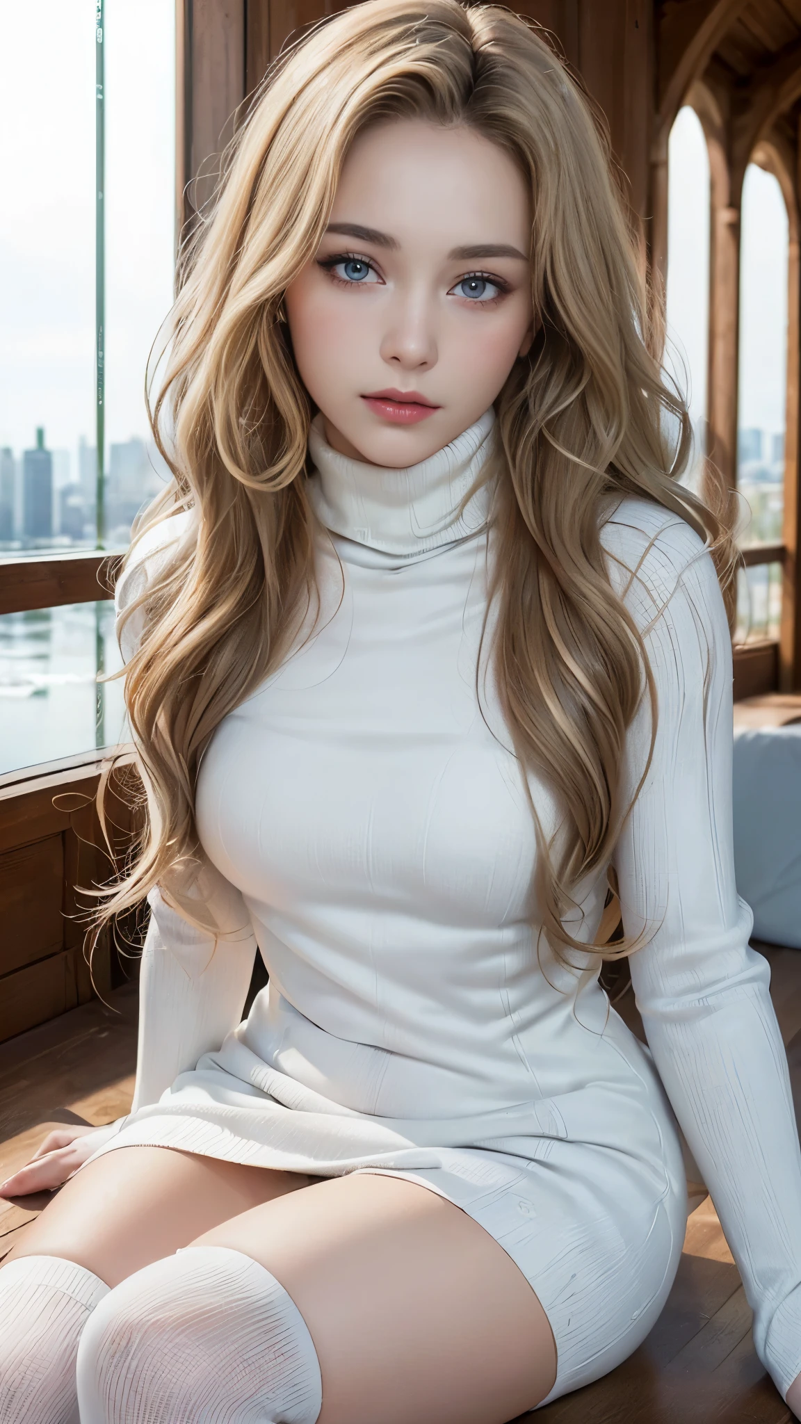 ((best quality, 8 thousand, masterpiece:1.4)), (20 year old woman), ((very small face:1.3)),  Highly detailed face and skin textures, detailed eyes, (Italian woman), (blonde wavy very long hair:1.3), (Turtleneck long sleeve neck polar dress:1.4), beautiful bridge, glamorous body, white cloud background, thighs, Transparent stockings, very big breasts, 