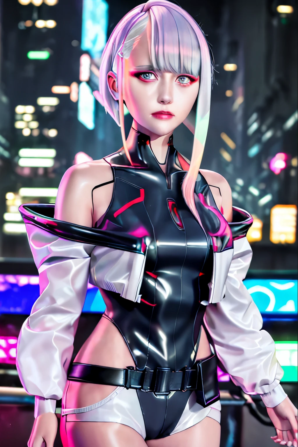 lucy \(cyberpunk\), 1girl,  hair scrunchie, hime cut, silver hair, colored tips, full moon, grey eyes, jacket, long sleeves, looking at viewer, medium hair, multicolored hair, parted bangs, parted lips, pink hair, portrait, red eyeliner, red lips, solo, white jacket, cyberpunk \(series\), rainy night in a cyberpunk city with glowing neon lights

 