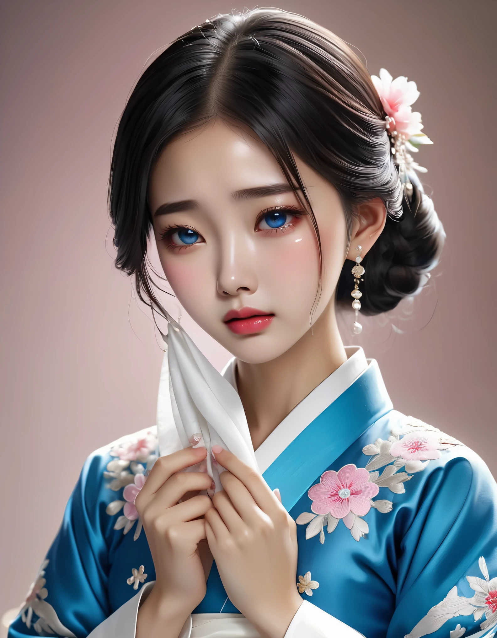 （Beautiful face of crying Chinese girl covering her face with handkerchief）, （With many, many tears in her eyes：1.3），（Eyes full of tears are flowing out）（bowed slightly），（Cover your face with your hands and cry），Pearl ear-rings, long eyelashes and pink lips, face close-up, clean face, round chin, blue eyes, Blue embroidered hanbok, White background. illustrate, 3D rendering, Bright colors and exquisite details, as illustration poster, 2D game art style, Color proofing, HD, 32k ,disney，