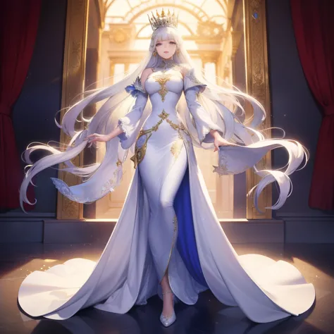 beautiful queen, regal presence, standing full body, radiant in a white dress, long white hair cascading down, delicate features...