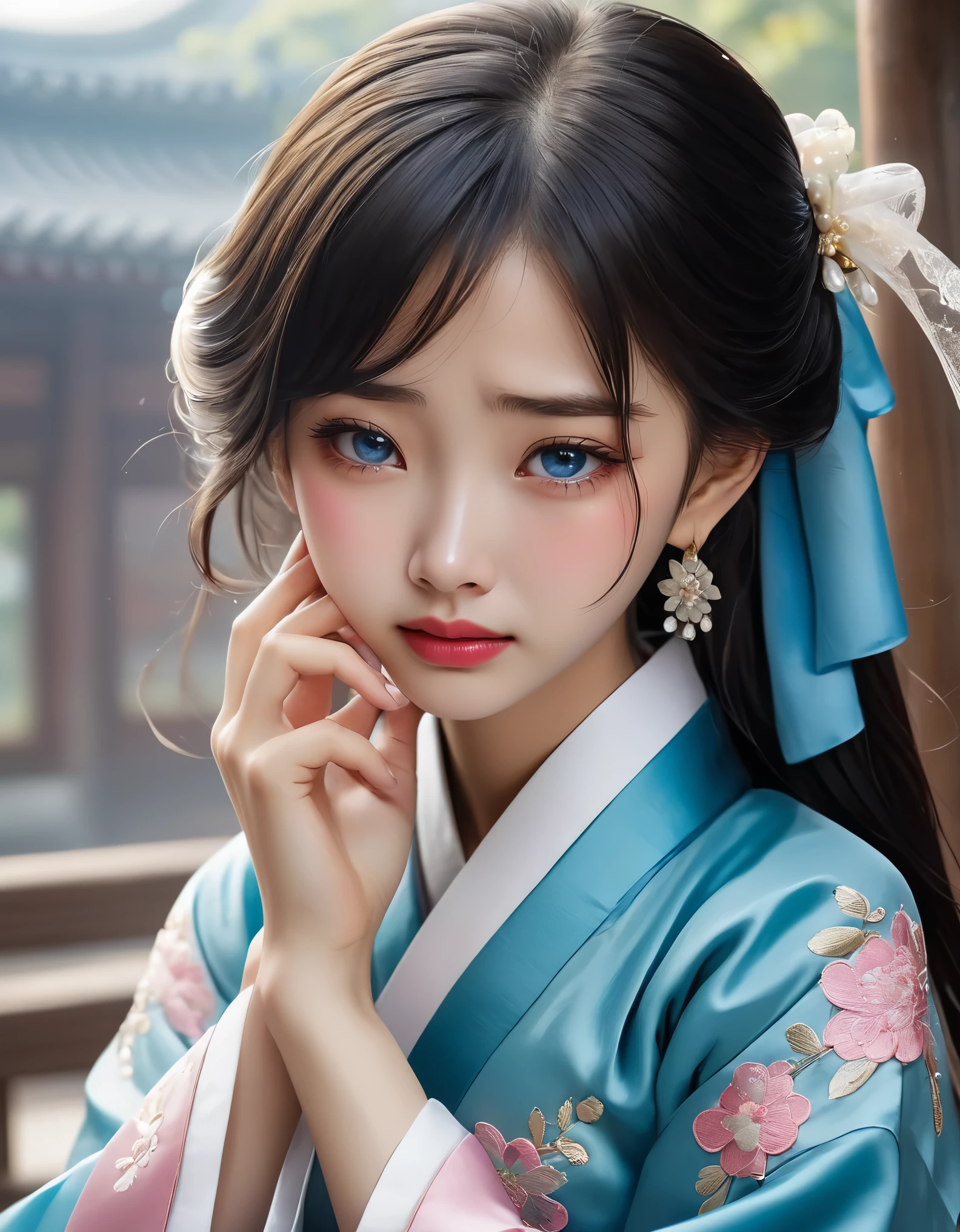 （Hermoso rostro de niña china llorando cubriéndose la cara con un pañuelo）, （Con muchas, muchas lágrimas en sus ojos：1.3），（Los ojos llenos de lágrimas brotan）（ligeramente inclinado），（Cúbrete la cara con las manos y llora.），Pendientes de perlas, pestañas largas y labios rosados, primer plano de la cara, cara limpia, barbilla redonda, blue eyes, Hanbok bordado azul, Fondo blanco. ilustrar, renderizado 3D, Colores brillantes y detalles exquisitos., como cartel de ilustración, Estilo de arte de juego 2D, Pruebas de color, alta definición, 32k ,Disney，