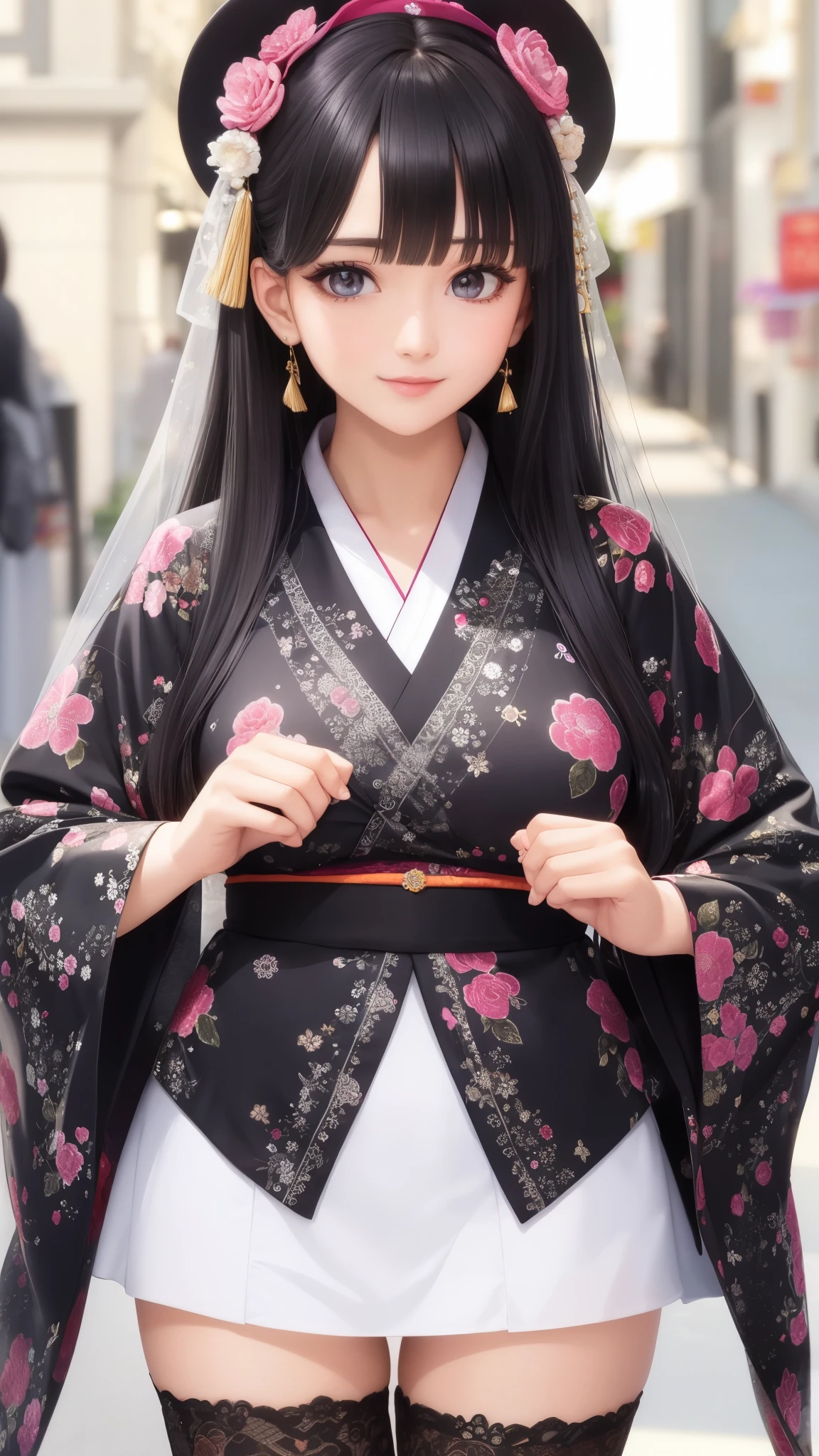 ((best quality)), ((muste piece)), (detailed face), (highlight), princess、Big breasts、blunt bangs、black hair、Kimono with detailed pattern、