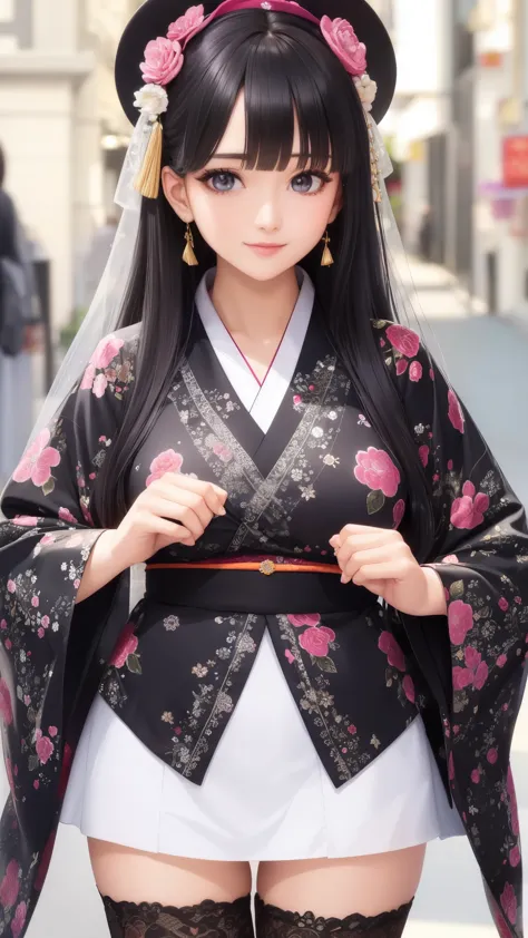 ((best quality)), ((muste piece)), (detailed face), (highlight), princess、Big breasts、blunt bangs、black hair、Kimono with detaile...