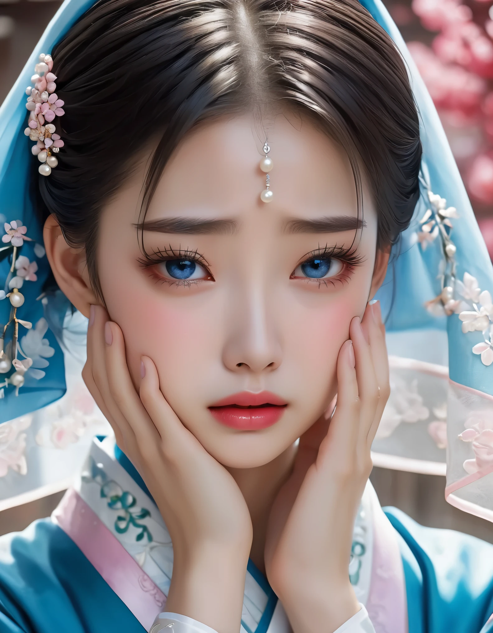 （Hermoso rostro de niña china llorando cubriéndose la cara con un pañuelo）, （Con muchas, muchas lágrimas en sus ojos：1.3），（Ojos llorosos）（ligeramente inclinado），（Cúbrete la cara con las manos y llora.），Pendientes de perlas, pestañas largas y labios rosados, primer plano de la cara, cara limpia, barbilla redonda, blue eyes, Hanbok bordado azul, Fondo blanco. ilustrar, renderizado 3D, Colores brillantes y detalles exquisitos., como cartel de ilustración, Estilo de arte de juego 2D, Pruebas de color, alta definición, 32k ,Disney，