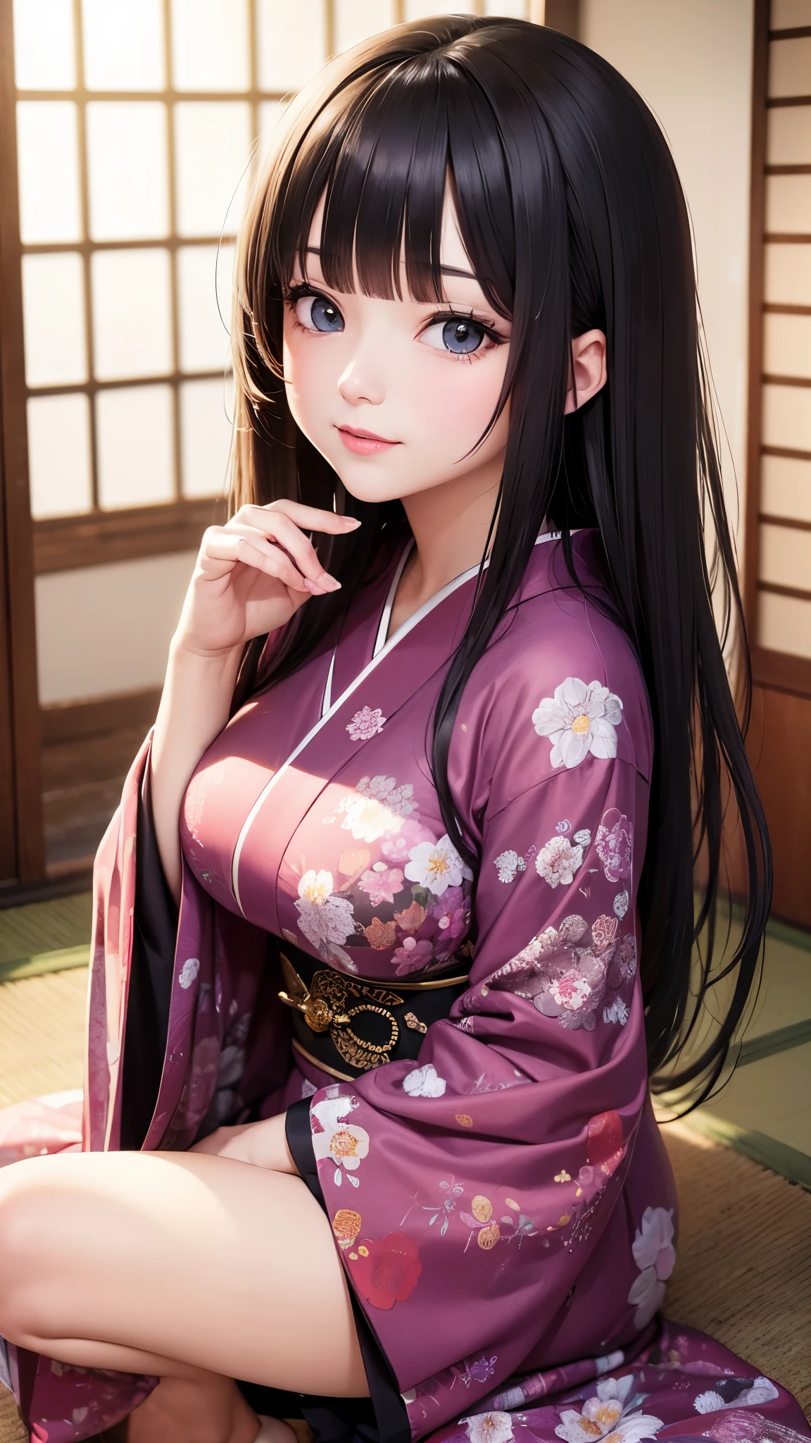 ((best quality)), ((muste piece)), (detailed face), (highlight), princess、Big breasts、blunt bangs、black hair、beautiful japanese kimono、