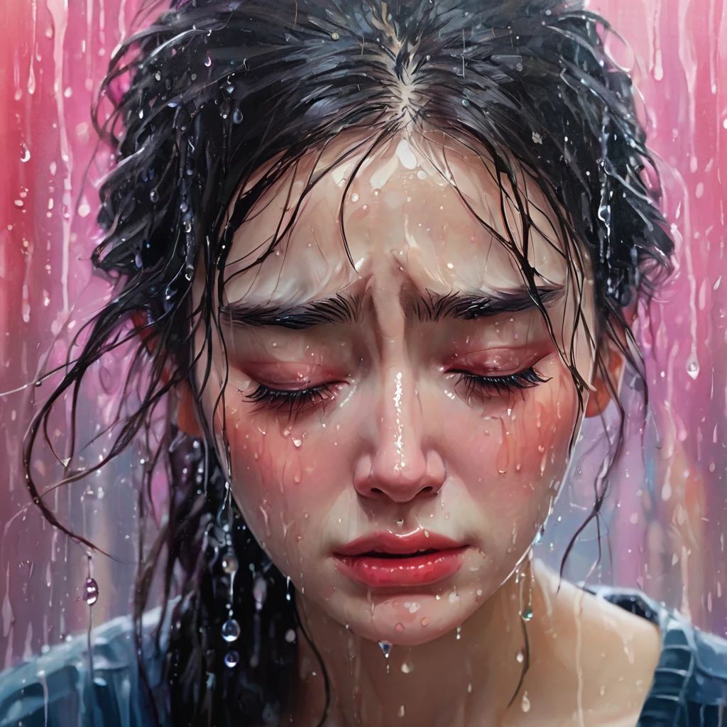 crying,aesthetic,extremely detailed,teary eyes,rosy cheeks,soaked lashes,emotional expression,intense sadness,dripping tears,true-to-life textures,highly refined details,dramatic lighting,seamless blending of colors,vibrant hues,artistic composition,layered brushstrokes,emotive brushwork,realistic water droplets,breathtaking realism,masterful craftsmanship,haunting beauty,evocative atmosphere,highly emotional scene,silent sorrow,stark contrast,moody ambiance,endless depth,luminous glow,shimmering highlights,subtle shadows,intimate close-up,precise contours,striking emotion,fluid brush movements,touching portrayal,painstaking attention to detail,aesthetically pleasing,heart-wrenching,deeply moving artistry