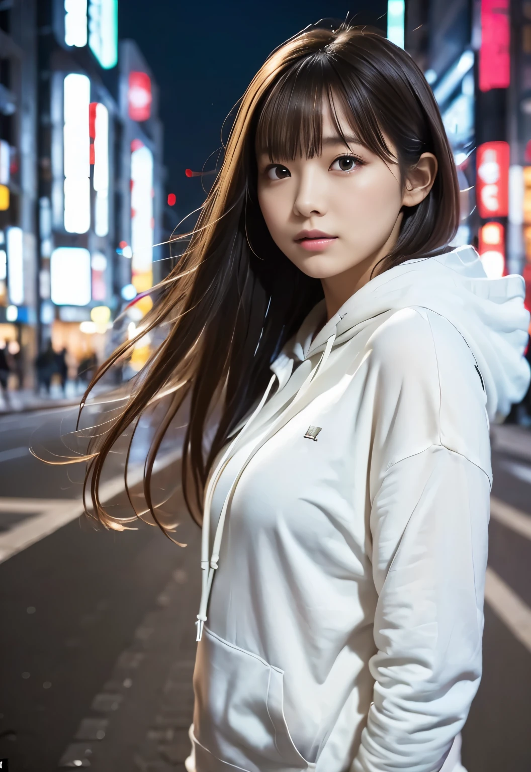 (((City of night:1.3, outdoor, Photographed from the front))), ((long hair:1.3, white hoodie,japanese woman, cute)), (clean, natural makeup), (highest quality, masterpiece:1.3, 超High resolution), (Super detailed, caustics), (realistic:1.4, RAW shooting), very detailed, High resolution, 16K resolution