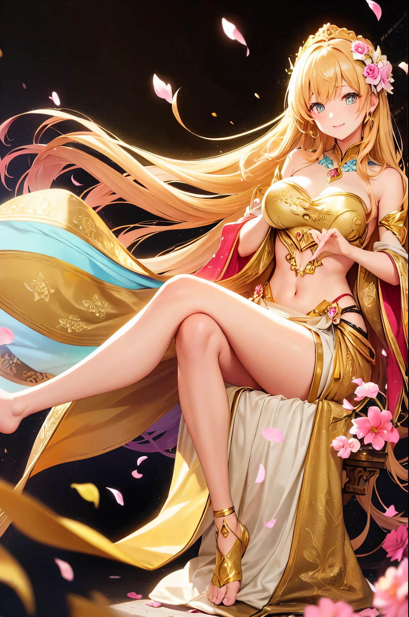 Beautiful goddess、dynamic pose、very long hair、(Golden decoration)、((floral decoration))、((floating flower petals、Glitter、Bokeh))、smile、Sit up