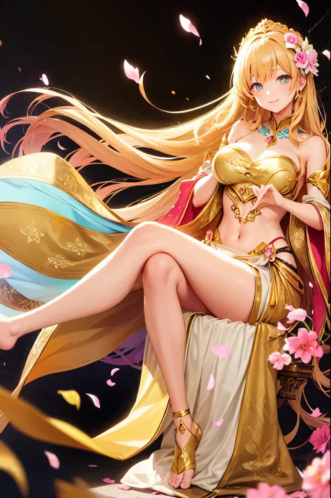 Beautiful goddess、dynamic pose、very long hair、(Golden decoration)、((floral decoration))、((floating flower petals、Glitter、Bokeh))...