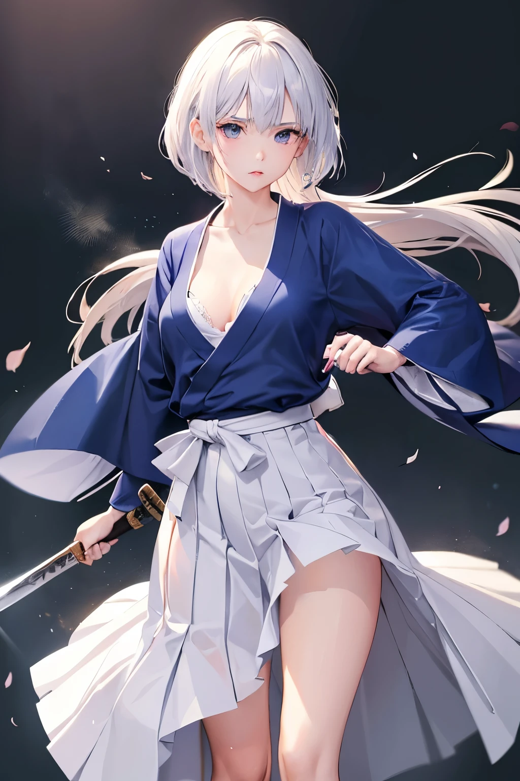 （（high quality、masterpiece、detailed、normal body、５This finger、Precise、delicate））、beautiful girl swordsman（（C cup、Holds a Japanese sword in the right hand、holding the scabbard in the left hand、silver hair））、black racy robe、Black and white bra、white racy mini skirt、My skirt is blowing in the wind and I can see my underwear、wielding a Japanese sword、unsheathed sword、Absence、Good Japanese sword、Blade length 80cm、Scabbard 82cm、pulls out a Japanese sword from its sheath、mowing down、Feminization:1.7