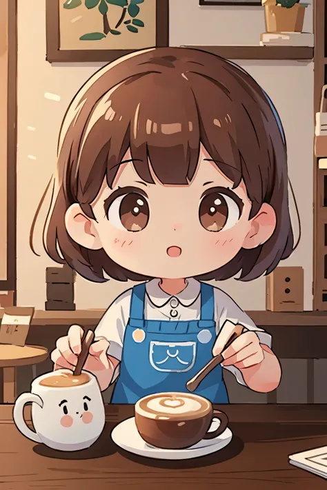 Photoreal、A  has a surprised face after having her portrait drawn with cafe latte art