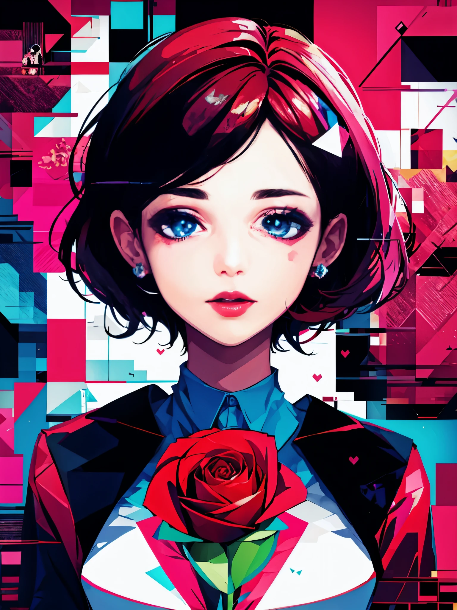 Geometric art, geometric rose, valentine, (glitch:1.4), masterpiece, illustration, girl, close up