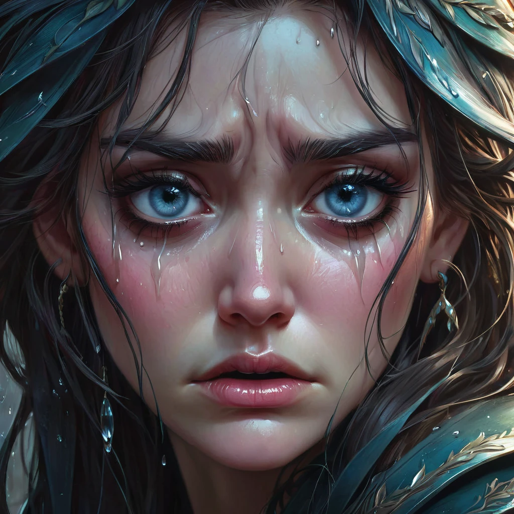 choro, estética, extremamente detalhado, olhos chorando, Swynnarchild, fantasia negra, Retrato, Altamente detalhado, pintura digital, arte conceitual, foco nitído, ilustração, arte de artgerm e greg rutkowski e magali villeneuve