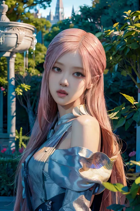 Rose from blackpink, all body picture, camera in distant, pink hair, (full body), shocked pose, standing in casual clothes in a fantasy garden, a fountain in the background, , detailed eyes and lips, long eyelashes, beautiful detailed face, realistic posin...