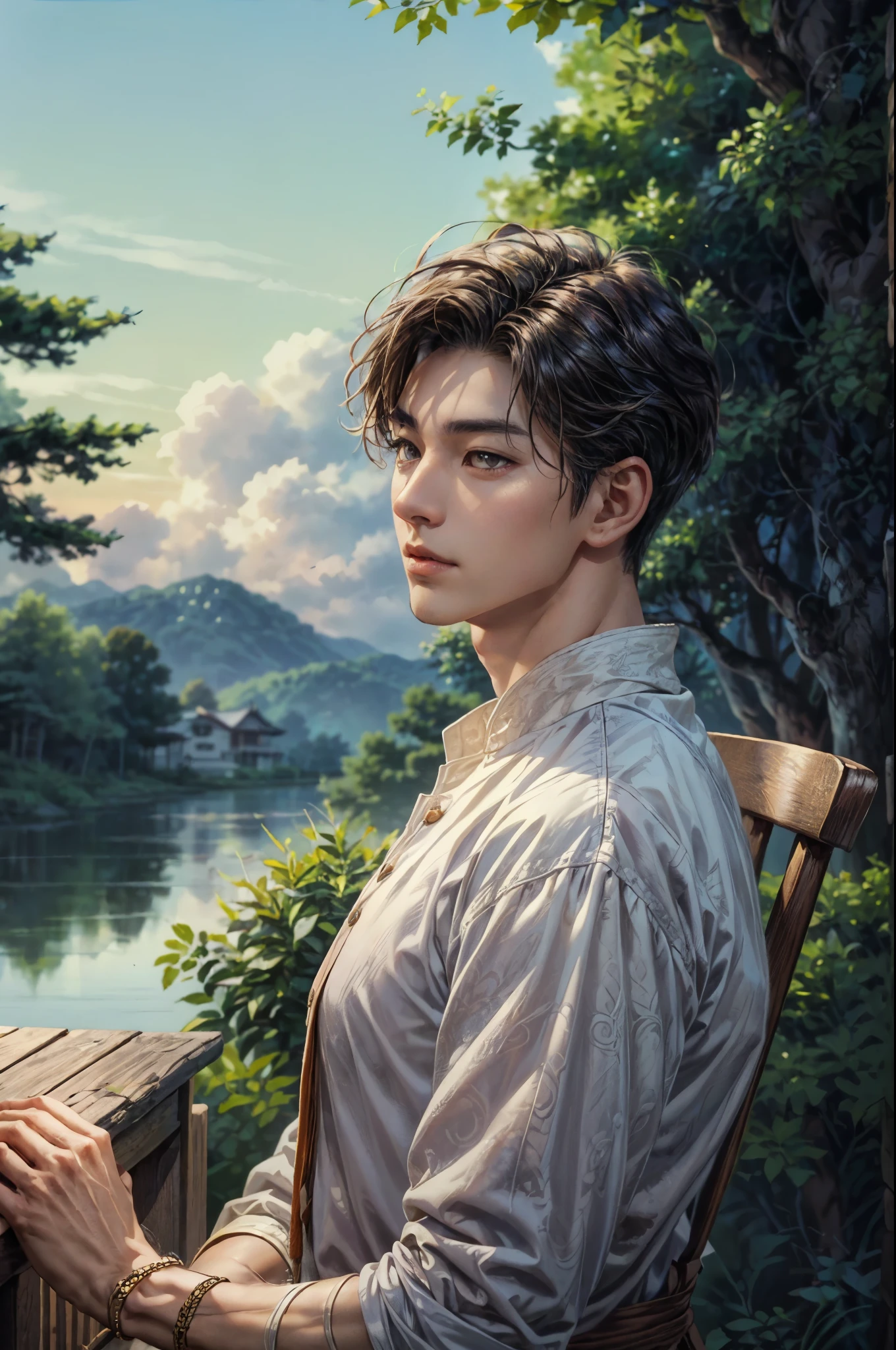 ((Best quality)), ((masterpiece)), (detailed), ((perfect face)), ((face focus)) a prince, a handsome young korean boy and short hair, resides in a cozy resort beside the beach, boy is in front of the house doing various activities like gardening, landscaping, painting and fixing the house and beautifying the house