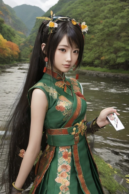 Guan Yinping, Asuka,fly,happy, black发, brown eyes, hair accessories, hair flower, Green roof,  forest, Half body, holding card, black,  上Half body，river,cloud,Sky,mountains,Fall