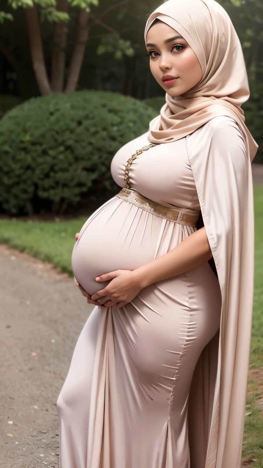 Femme enceinte vêtue d'une longue robe et d'un hijab posant pour une photo  - SeaArt AI