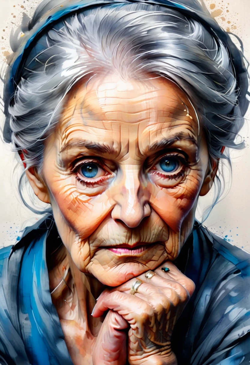 (best quality, ultra-detailed),one piece, old woman , crayng ,haighly detailed portret, traditional oil painting,wise-looking eyes,blue eyes, wrinkled skin (detailed wrinkles),grey hair,sharp focus,carefully painted hands,portrait,soft lighting,neutral color tones,sophisticated,inspiring