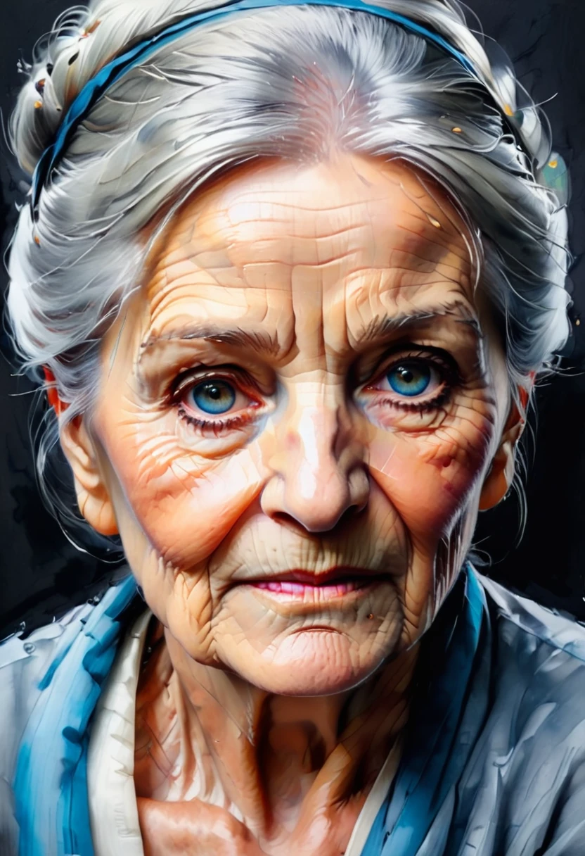 (best quality, ultra-detailed),one piece, old woman , crayng ,haighly detailed portret, traditional oil painting,wise-looking eyes,blue eyes, wrinkled skin (detailed wrinkles),grey hair,sharp focus,carefully painted hands,portrait,soft lighting,neutral color tones,sophisticated,inspiring