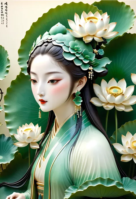 （Statue of woman holding lotus leaf），（White statue 1.2），（Green lotus leaves：1.2），author：Russell Dongjun Lu, james jenn and wop, ...