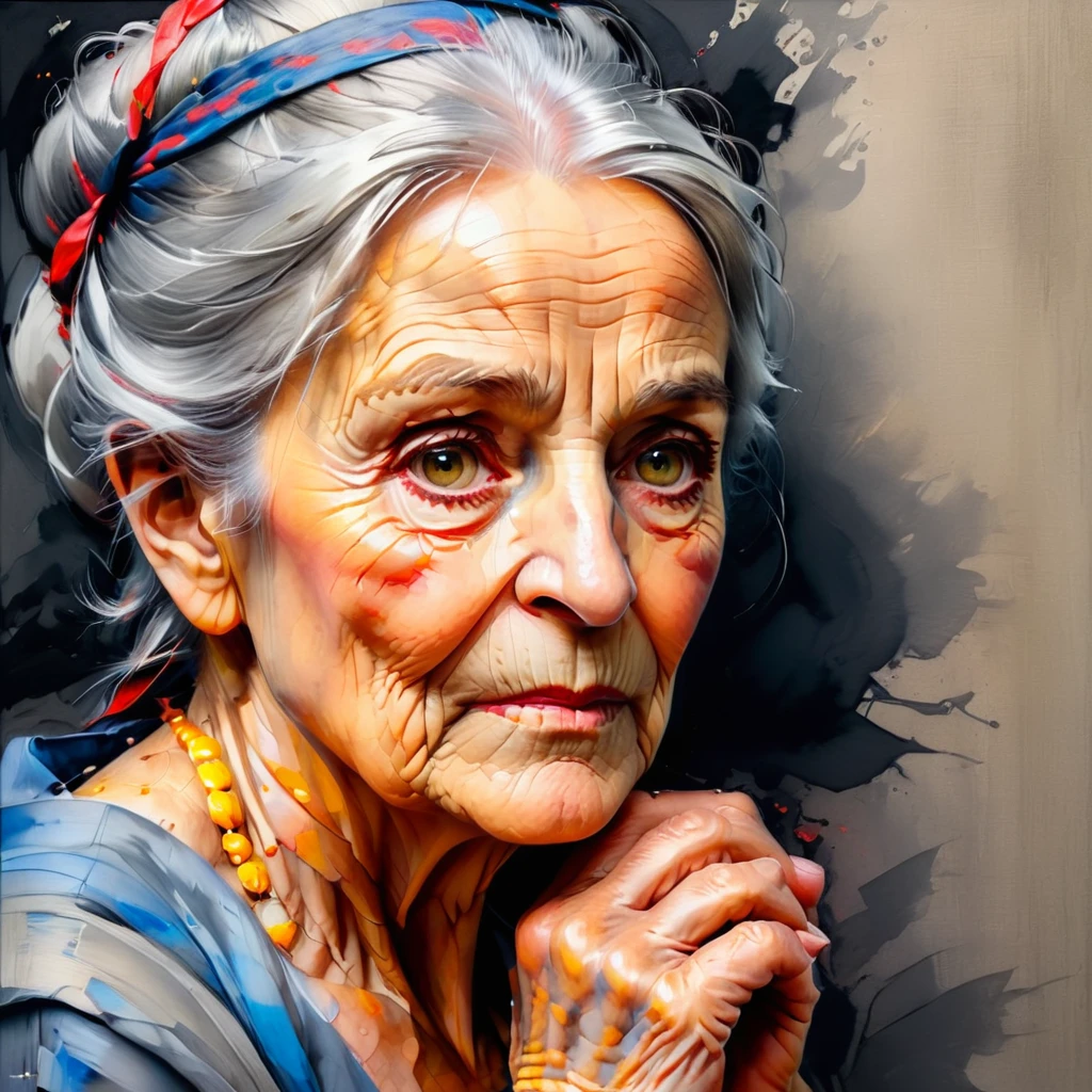 (best quality, ultra-detailed),one piece, old woman craying ,haighly detailed portret, traditional oil painting,wise-looking eyes,blue eyes, wrinkled skin (detailed wrinkles),grey hair,sharp focus,carefully painted hands,portrait,soft lighting,neutral red-yellow color tones,sophisticated,inspiring