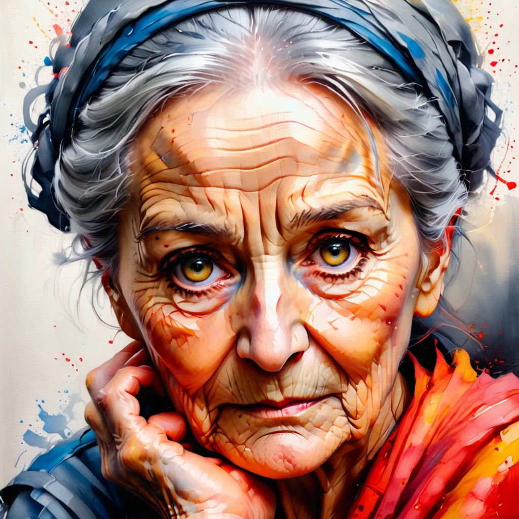 (best quality, ultra-detailed),one piece, old woman craying ,haighly detailed portret, traditional oil painting,wise-looking eyes,blue eyes, wrinkled skin (detailed wrinkles),grey hair,sharp focus,carefully painted hands,portrait,soft lighting,neutral red-yellow color tones,sophisticated,inspiring