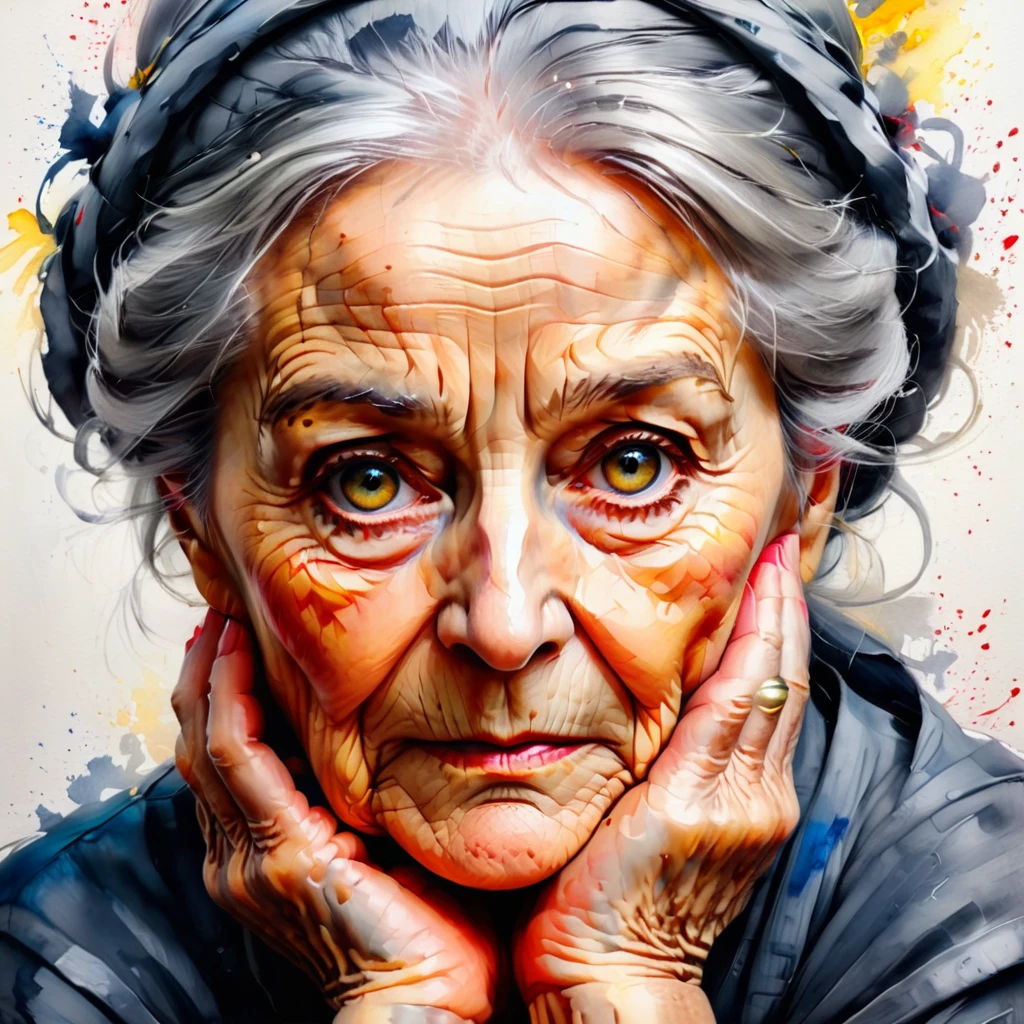 (best quality, ultra-detailed),one piece, old woman craying ,haighly detailed portret, traditional oil painting,wise-looking eyes,blue eyes, wrinkled skin (detailed wrinkles),grey hair,sharp focus,carefully painted hands,portrait,soft lighting,neutral red-yellow color tones,sophisticated,inspiring