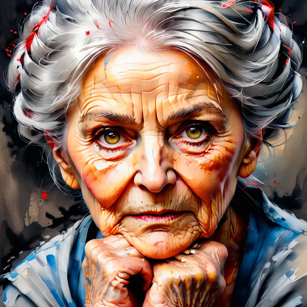 (best quality, ultra-detailed),one piece, old woman craying ,haighly detailed portret, traditional oil painting,wise-looking eyes,blue eyes, wrinkled skin (detailed wrinkles),grey hair,sharp focus,carefully painted hands,portrait,soft lighting,neutral red-yellow color tones,sophisticated,inspiring