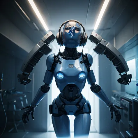 a robot with headphones on and a blue light , Echoes