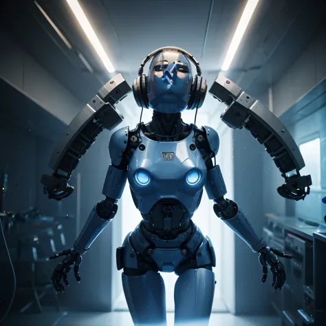 a robot with headphones on and a blue light , echoes