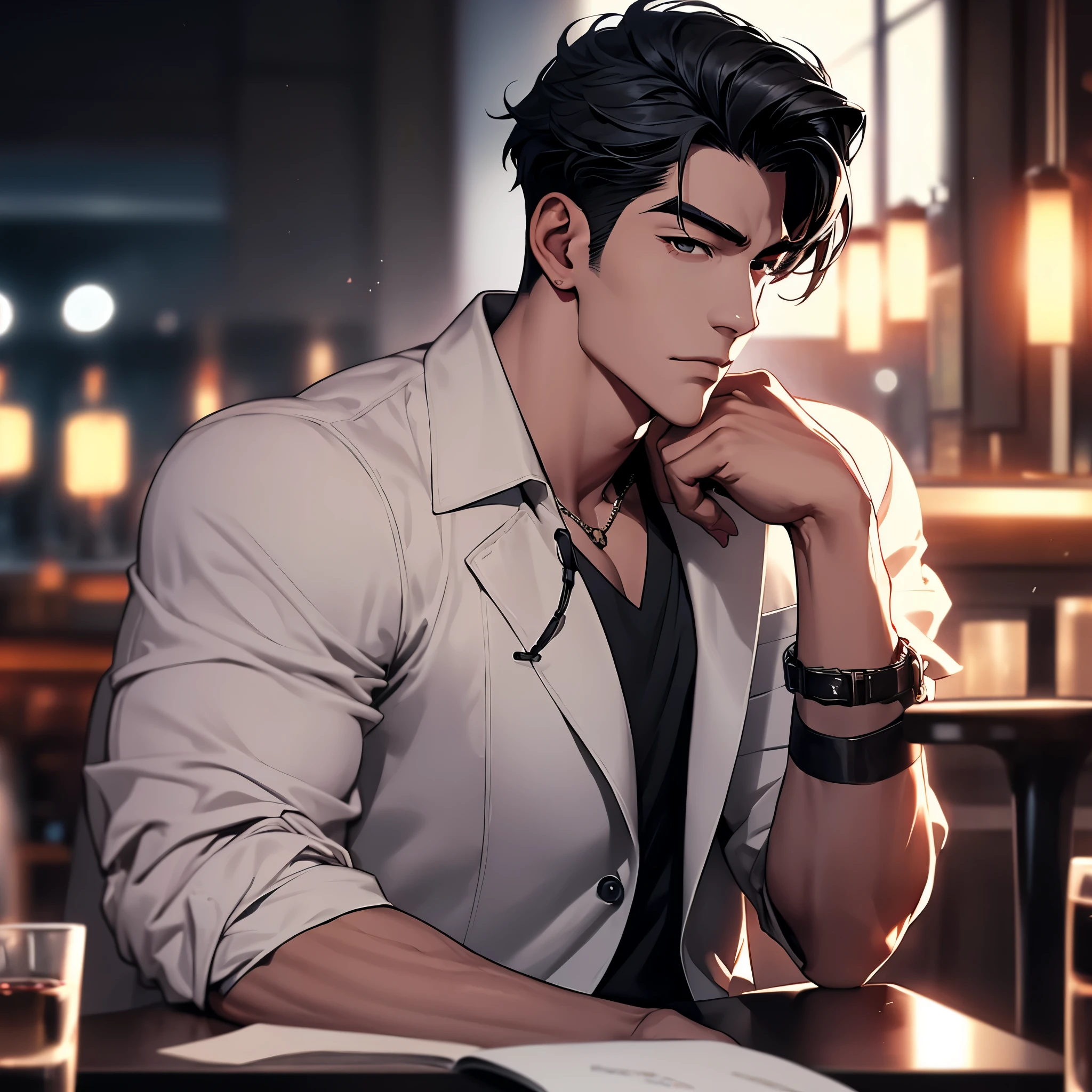 rosto perfeito, Dedos perfeitos , manhwa style , personagem masculino 
, 4K , limpar , cara legal , Cabelo preto , músculo grande , Casaco longo preto , cenário de bar restaurante , sentado em uma cadeira , mesa com uma garrafa de vinho , atmosfera romântica